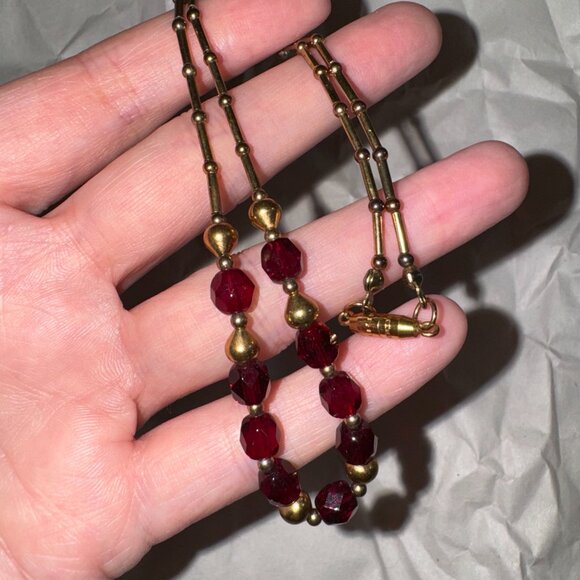 15" Red and Gold Handmade Beaded Necklace - Picture 4 of 13